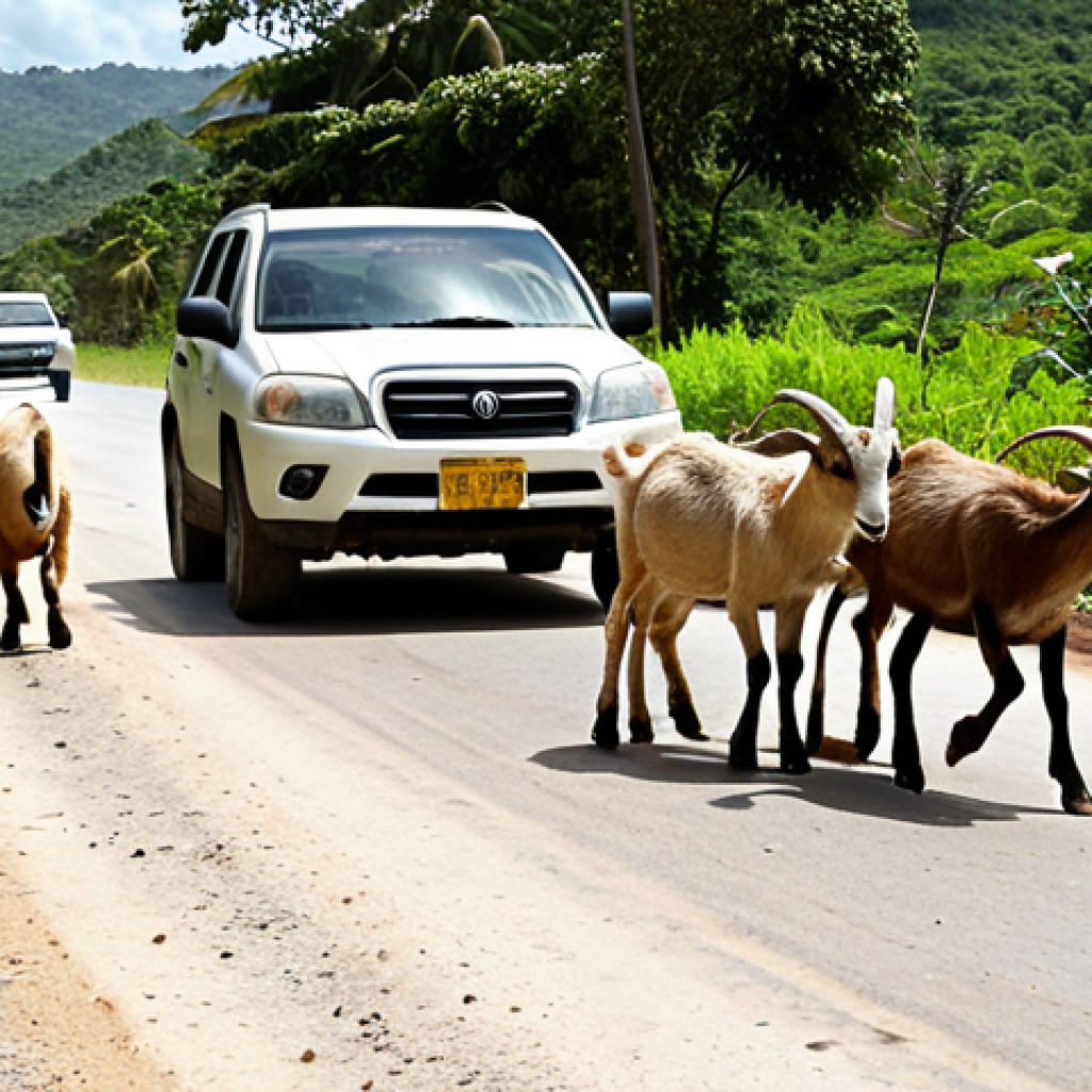 ** A slightly beat-up 4x4 SUV driving on a bumpy, rural Jamaican road. Goats are crossing in front of the vehicle. The scene should feel sunny and a bit chaotic. Keywords: Jamaica, driving, SUV, rural road, goats, sunny, chaotic, travel.

2.  **