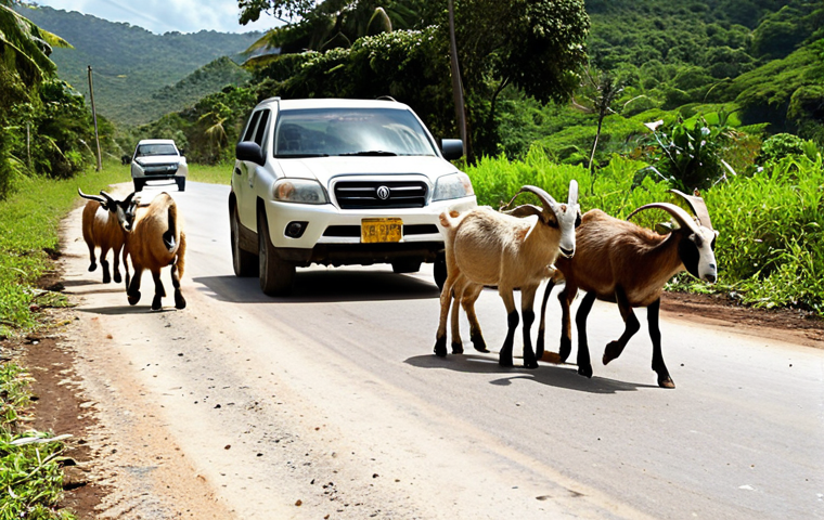 ** A slightly beat-up 4x4 SUV driving on a bumpy, rural Jamaican road. Goats are crossing in front of the vehicle. The scene should feel sunny and a bit chaotic. Keywords: Jamaica, driving, SUV, rural road, goats, sunny, chaotic, travel.

2.  **