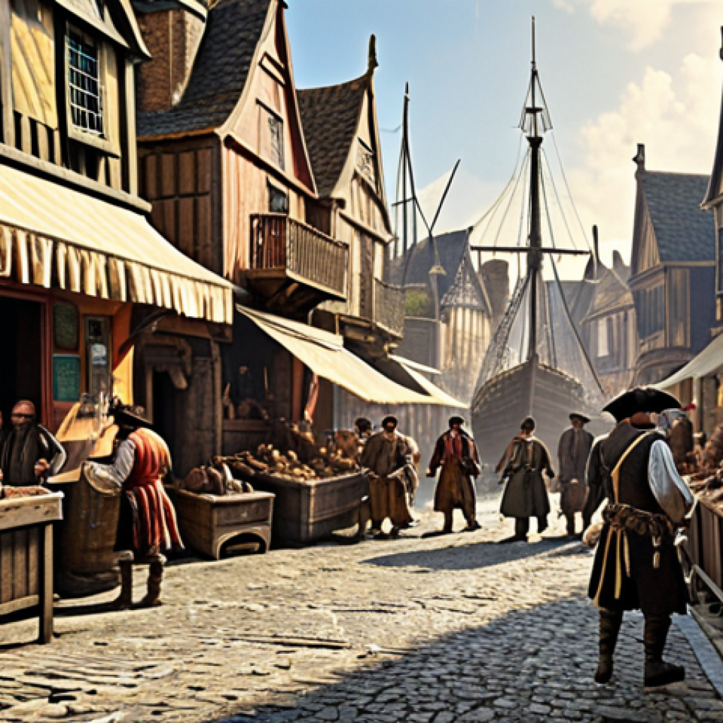 **A bustling Port Royal street scene in the 17th century, filled with pirates, merchants, taverns, and ships; a vibrant, chaotic atmosphere depicting the "wickedest city on Earth".**