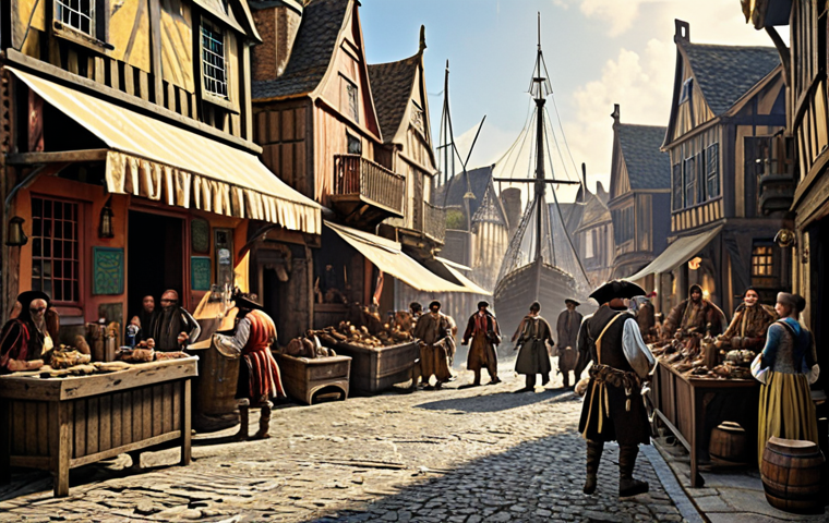**A bustling Port Royal street scene in the 17th century, filled with pirates, merchants, taverns, and ships; a vibrant, chaotic atmosphere depicting the "wickedest city on Earth".**