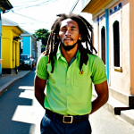 A portrait of Bob Marley, fully clothed in a modest, authentic Jamaican shirt and trousers, standing in a sun-drenched, vibrant Kingston street scene. He has dreadlocks and a contemplative, natural expression, reflecting his deep connection to his roots and music. The background features colorful, rustic buildings and subtle signs of local life. Perfect anatomy, correct proportions, natural pose, well-formed hands, proper finger count. Professional photography, high detail, realistic, safe for work, appropriate content, fully clothed, modest clothing.