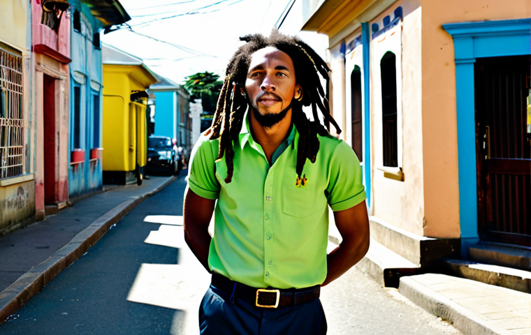 A portrait of Bob Marley, fully clothed in a modest, authentic Jamaican shirt and trousers, standing in a sun-drenched, vibrant Kingston street scene. He has dreadlocks and a contemplative, natural expression, reflecting his deep connection to his roots and music. The background features colorful, rustic buildings and subtle signs of local life. Perfect anatomy, correct proportions, natural pose, well-formed hands, proper finger count. Professional photography, high detail, realistic, safe for work, appropriate content, fully clothed, modest clothing.