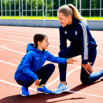 **

A professional female track and field coach, fully clothed in athletic wear (tracksuit, sneakers), instructing a young athlete on proper running form at a sunny outdoor track in Moscow. The athlete is also fully clothed in appropriate sportswear.  Emphasis on posture and technique. Safe for work, appropriate content, professional, family-friendly, perfect anatomy, correct proportions, natural pose, well-formed hands, proper finger count, natural body proportions, high resolution, detailed background.

**