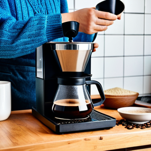 Coffee Preparation with Alternative Brewing Method**

A cozy scene in a modern Russian apartment kitchen, showing a V60 pour-over setup with Jamaican Blue Mountain coffee. Focus on the brewing process, steam rising from the coffee, and the warm lighting. A person wearing a sweater (fully clothed, modest attire, appropriate content, safe for work, family-friendly) is carefully pouring water over the coffee grounds. Display perfect anatomy, correct proportions, and well-formed hands. Include details like a stylish ceramic mug, a bag of Blue Mountain coffee (clearly labeled), and a wooden countertop. Use professional photography techniques to capture the detail and aroma of the coffee. High quality, natural pose.

**