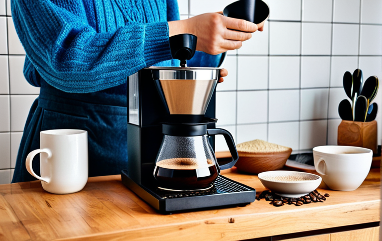 Coffee Preparation with Alternative Brewing Method**
A cozy scene in a modern Russian apartment kitchen, showing a V60 pour-over setup with Jamaican Blue Mountain coffee. Focus on the brewing process, steam rising from the coffee, and the warm lighting. A person wearing a sweater (fully clothed, modest attire, appropriate content, safe for work, family-friendly) is carefully pouring water over the coffee grounds. Display perfect anatomy, correct proportions, and well-formed hands. Include details like a stylish ceramic mug, a bag of Blue Mountain coffee (clearly labeled), and a wooden countertop. Use professional photography techniques to capture the detail and aroma of the coffee. High quality, natural pose.
**