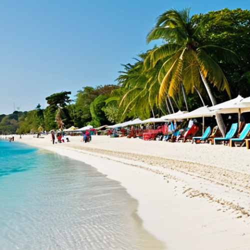 Jamaican Beach Scene**

"A panoramic view of Seven Mile Beach in Negril, Jamaica. Crystal clear turquoise water laps against the white sand. Fully clothed tourists are seen strolling along the beach, enjoying the sunny weather. Palm trees sway gently in the breeze. In the background, colorful beach umbrellas and modest beachside cafes can be seen. Perfect anatomy, correct proportions, natural pose, well-formed hands, proper finger count, natural body proportions, safe for work, appropriate content, fully clothed, professional, family-friendly."

**