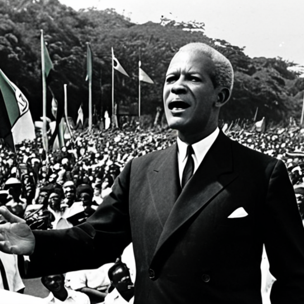 **Image:** Norman Manley delivering a speech at a political rally in Kingston, Jamaica, 1960s. He is wearing a suit and tie, gesturing emphatically. The crowd is diverse and engaged. Background shows Jamaican flags and banners with PNP slogans. "Professional photography, historical accuracy, fully clothed, appropriate attire, safe for work, correct proportions, natural pose, family-friendly".