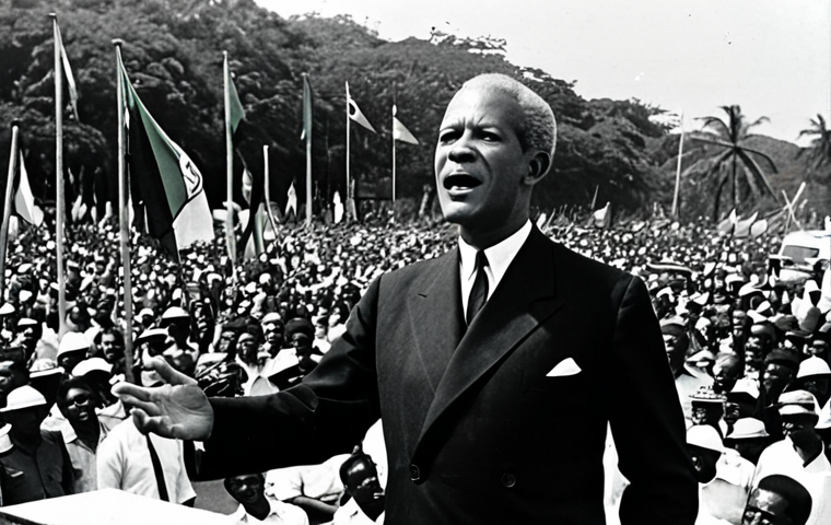 **Image:** Norman Manley delivering a speech at a political rally in Kingston, Jamaica, 1960s. He is wearing a suit and tie, gesturing emphatically. The crowd is diverse and engaged. Background shows Jamaican flags and banners with PNP slogans. "Professional photography, historical accuracy, fully clothed, appropriate attire, safe for work, correct proportions, natural pose, family-friendly".
