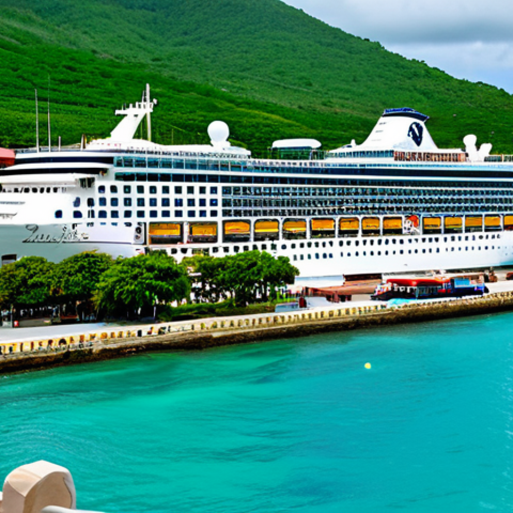 Montego Bay Port Arrival**

"A vibrant scene at the Montego Bay cruise port, Jamaica. A massive cruise ship is docked, with passengers disembarking onto a bustling pier filled with shops, restaurants, and taxi stands. Local guides offer tours. The background features clear turquoise water and lush green hills. Professional photography, high detail, perfect anatomy, appropriate content, safe for work, fully clothed, family-friendly, natural proportions."

**