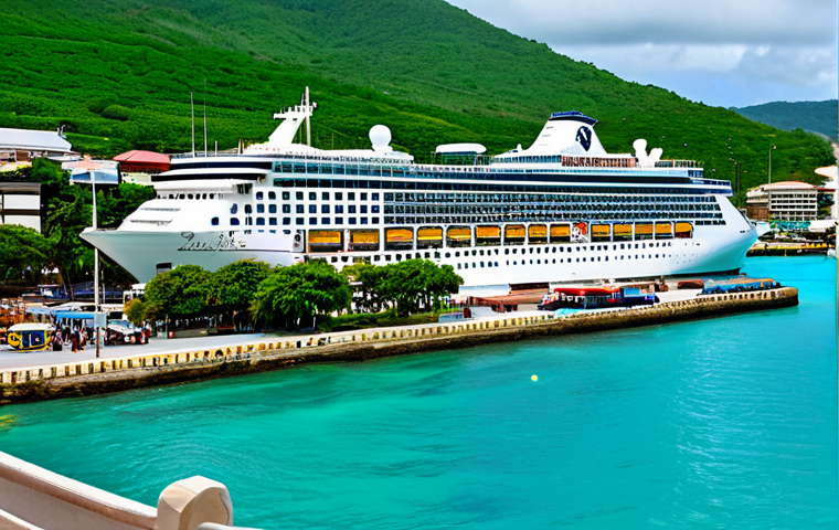 Montego Bay Port Arrival**

"A vibrant scene at the Montego Bay cruise port, Jamaica. A massive cruise ship is docked, with passengers disembarking onto a bustling pier filled with shops, restaurants, and taxi stands. Local guides offer tours. The background features clear turquoise water and lush green hills. Professional photography, high detail, perfect anatomy, appropriate content, safe for work, fully clothed, family-friendly, natural proportions."

**
